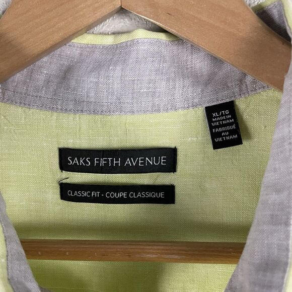 Saks Fifth Avenue Mens XL Bright Green 100% Linen Classic Fit Button Up Shirt - Picture 2 of 4